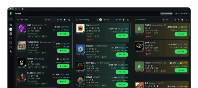 Tableau de bord listant les tokens suivis avec leur capitalisation et leur variation.