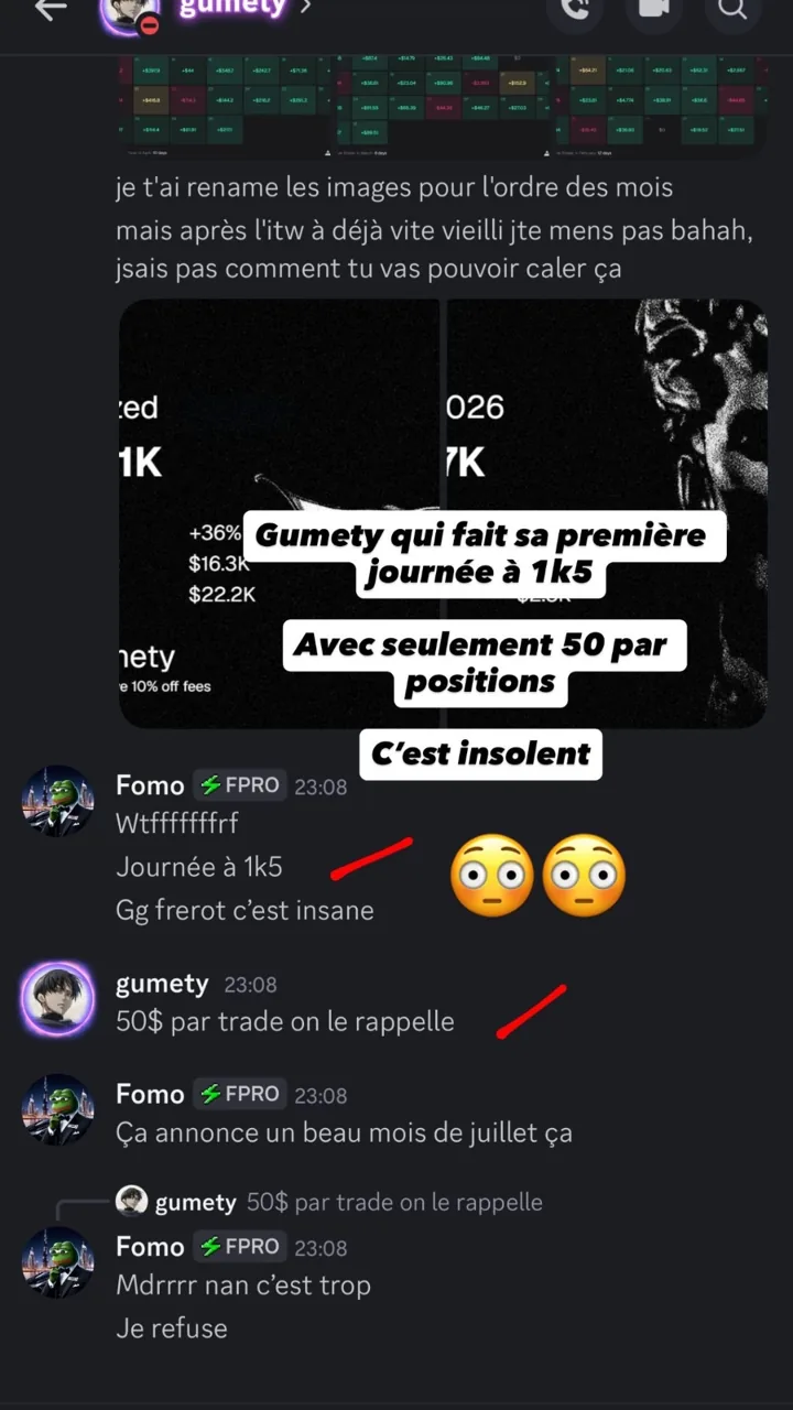 Capture Discord : un membre annonce sa première journée à 1 k5 avec seulement 50 $ par position, les autres membres réagissent.