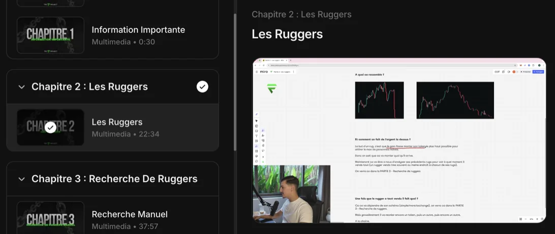 Espace de formation F Project : liste des chapitres à gauche, et le chapitre 2 « Les Ruggers » ouvert à droite avec sa vidéo et son tableau d’analyse.
