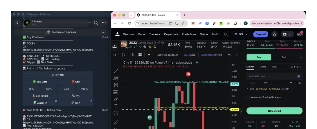 Deux écrans côte à côte : le bot F Project sur Telegram confirmant un achat à gauche, et le terminal de trading Axiom avec son graphique en chandeliers à droite.