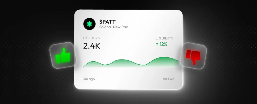 Fiche du jeton $PATT sur Solana — 2,4 K détenteurs, liquidité en hausse de 12 % — encadrée d’un pouce vert et d’un pouce rouge.